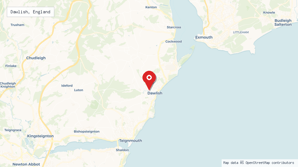 Street map of Dawlish, England with location pin