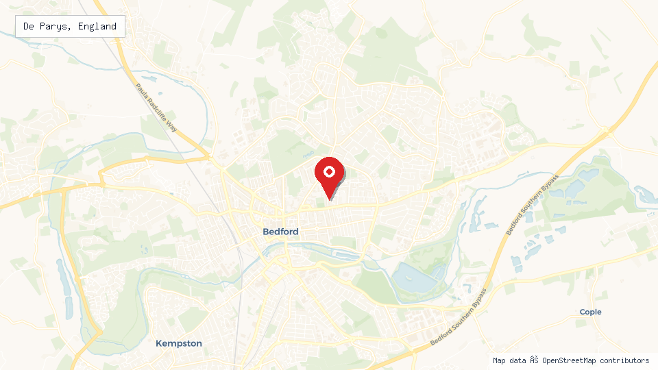 Street map of De Parys, England with location pin
