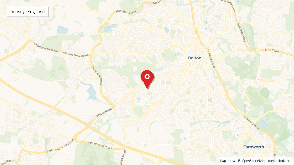 Street map of Deane, England with location pin