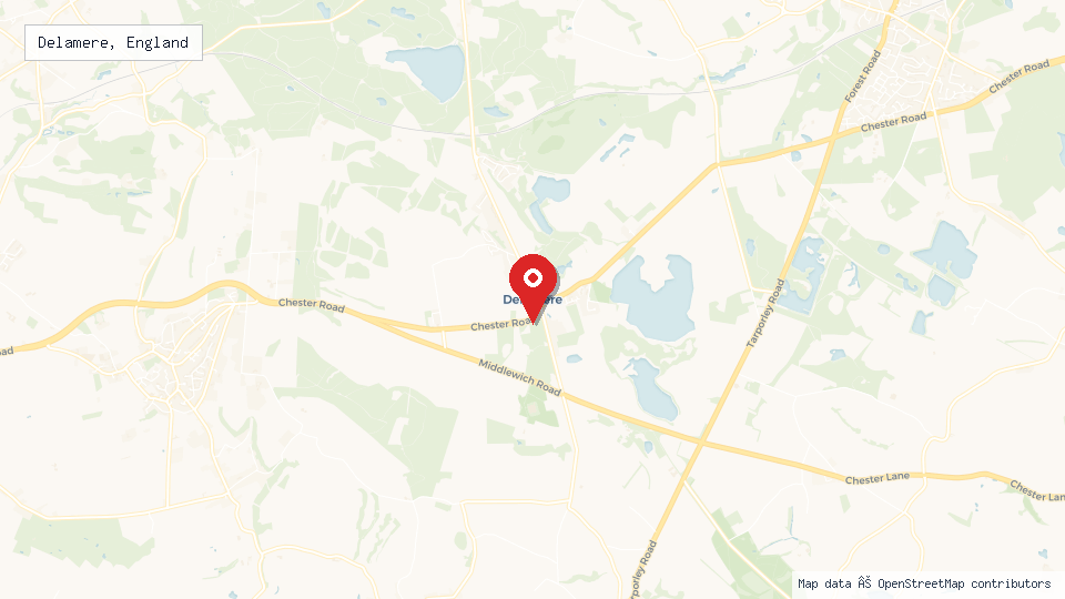 Street map of Delamere, England with location pin