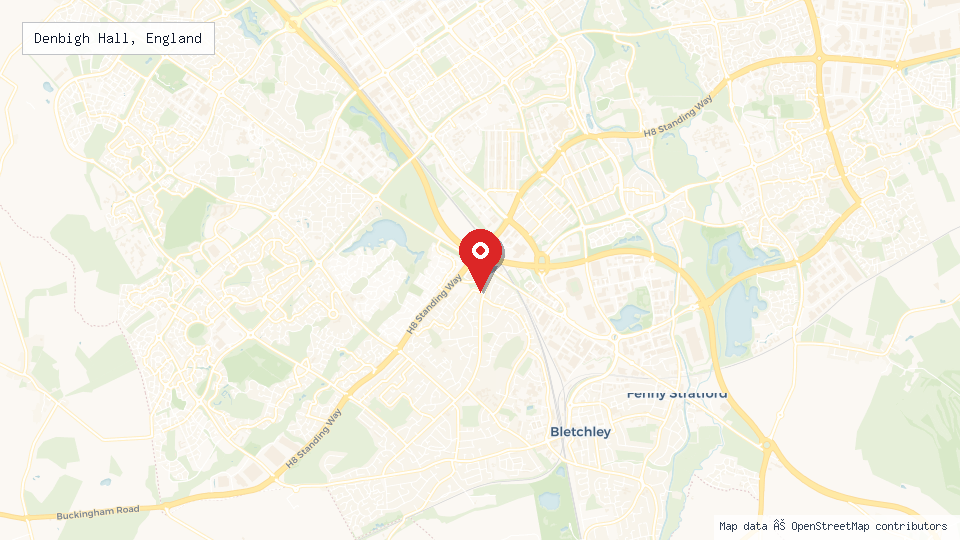 Street map of Denbigh Hall, England with location pin