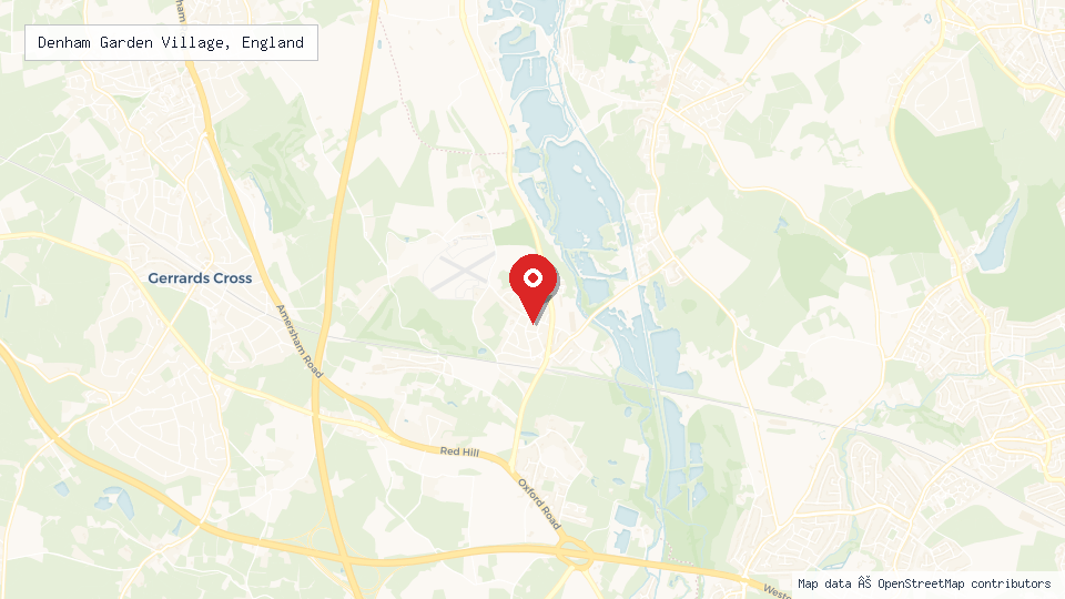 Street map of Denham Garden Village, England with location pin