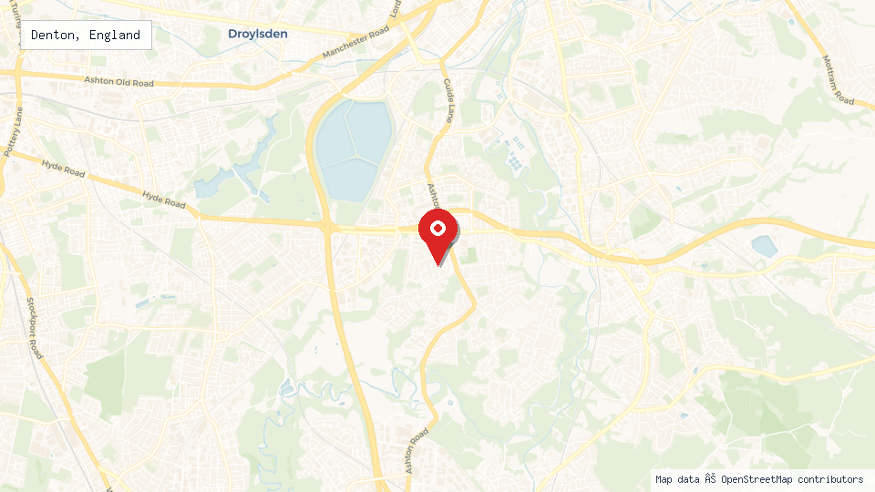 Street map of Denton, England with location pin