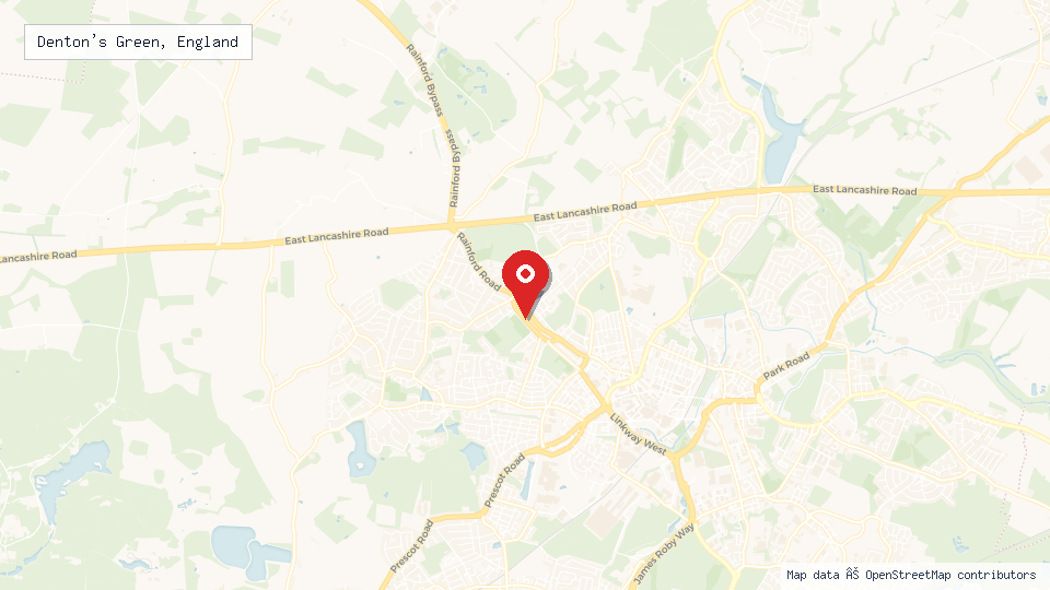 Street map of Denton's Green, England with location pin
