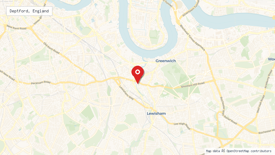 Street map of Deptford, England with location pin