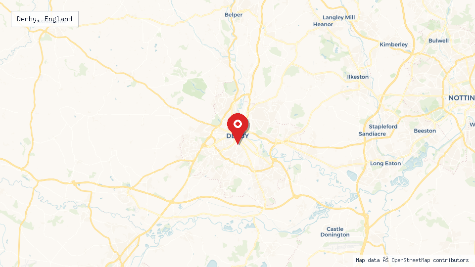 Street map of Derby, England with location pin