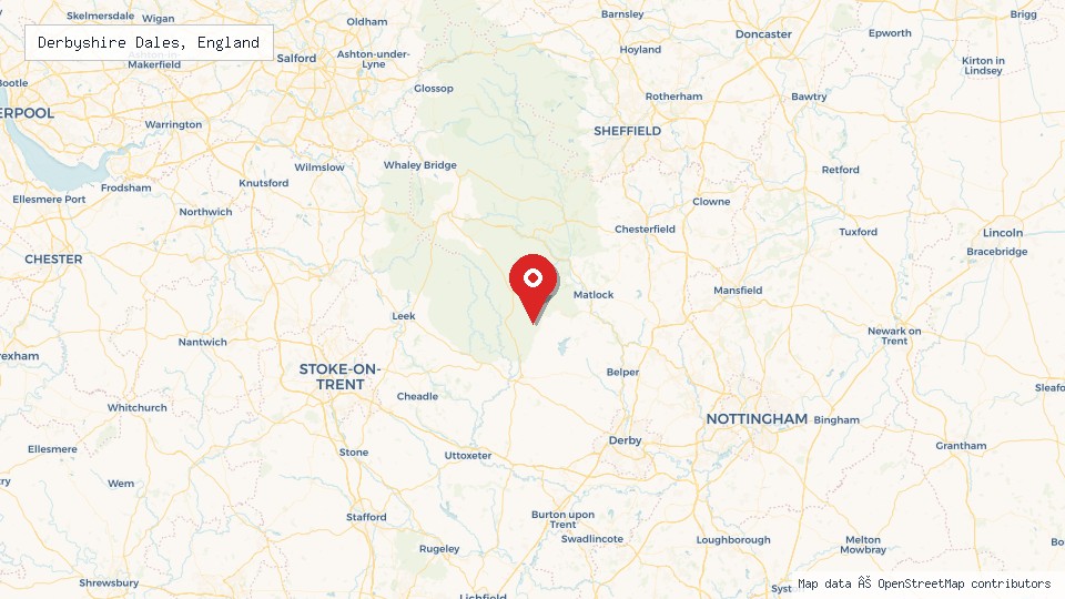 Street map of Derbyshire Dales, England with location pin