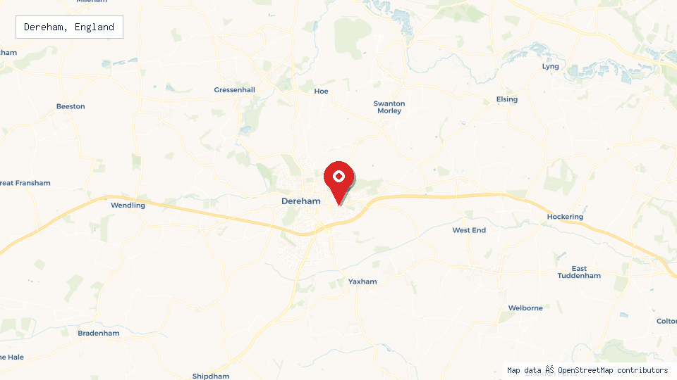 Street map of Dereham, England with location pin