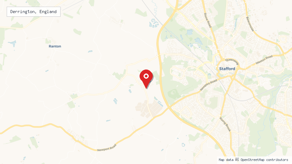 Street map of Derrington, England with location pin