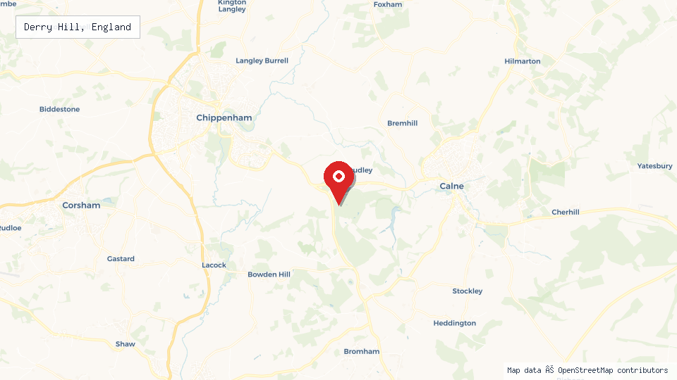 Street map of Derry Hill, England with location pin