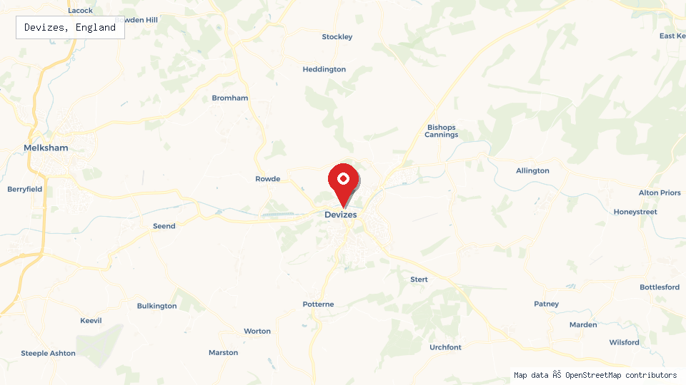 Street map of Devizes, England with location pin