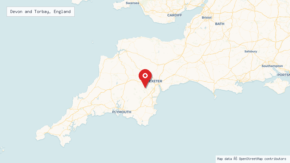 Street map of Devon and Torbay, England with location pin