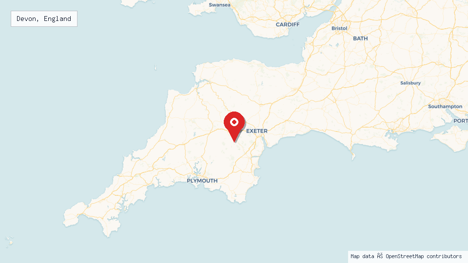 Street map of Devon, England with location pin