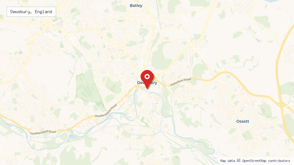 Street map of Dewsbury, England with location pin