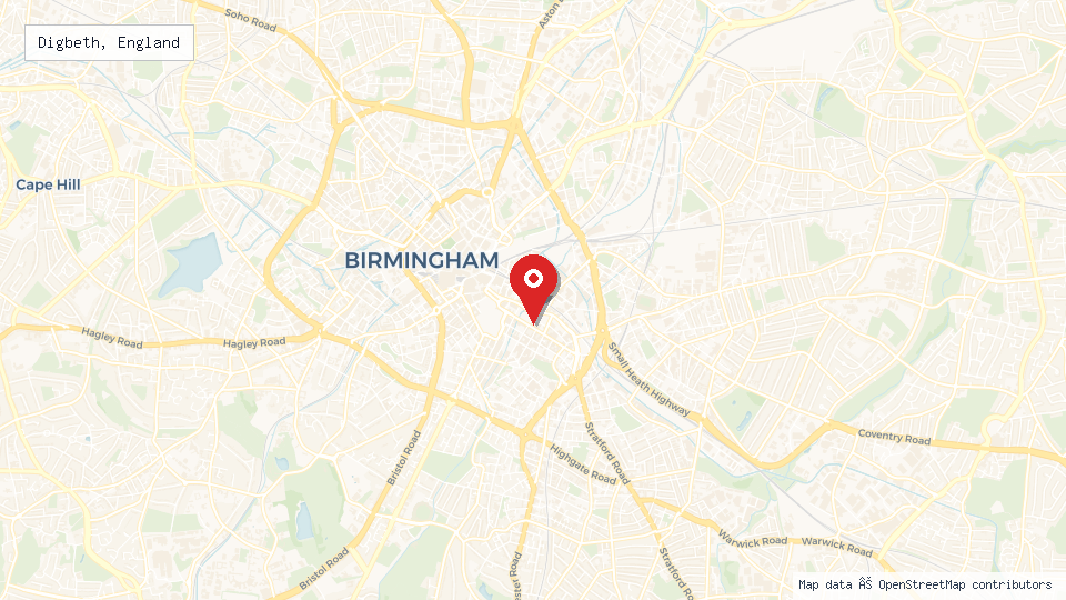 Street map of Digbeth, England with location pin