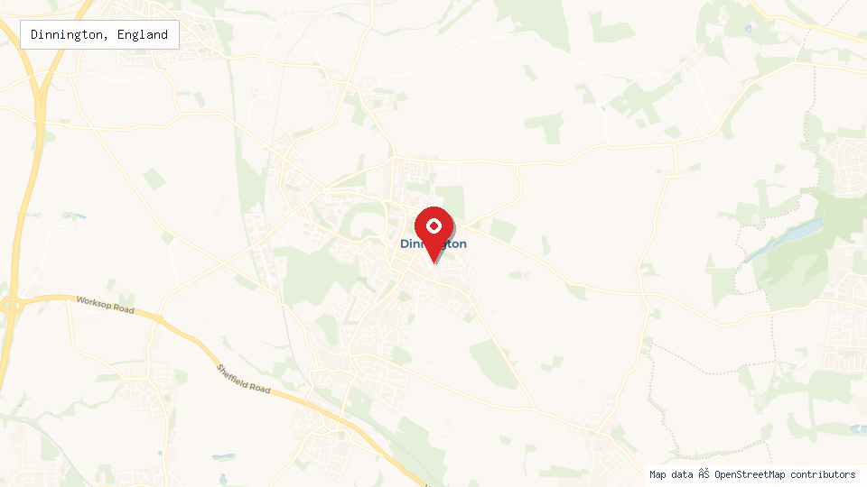 Street map of Dinnington, England with location pin