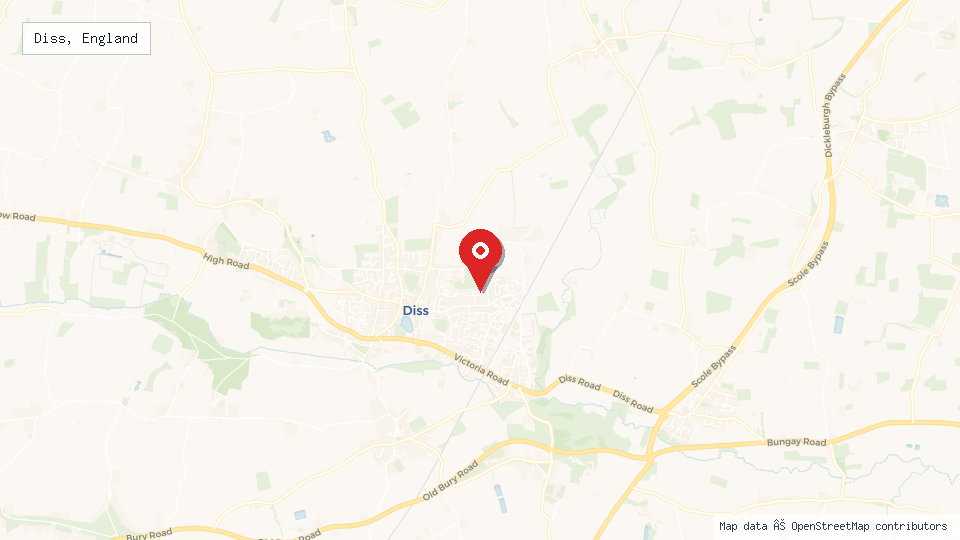 Street map of Diss, England with location pin