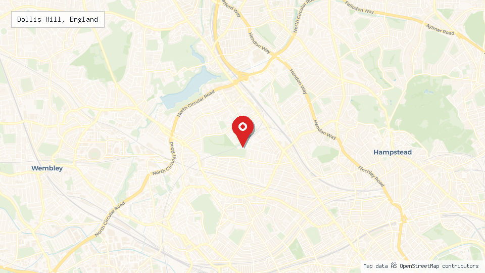 Street map of Dollis Hill, England with location pin