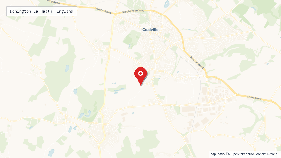 Street map of Donington Le Heath, England with location pin
