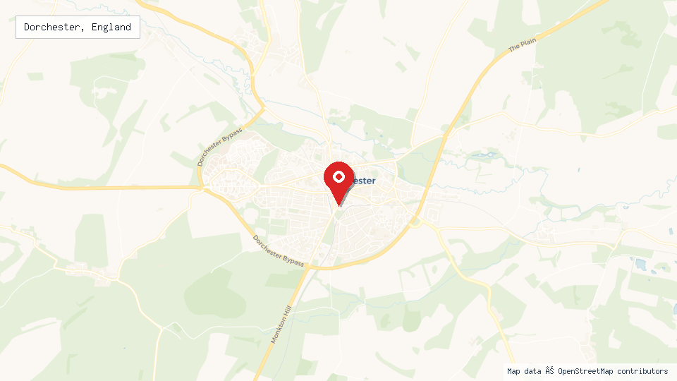 Street map of Dorchester, England with location pin