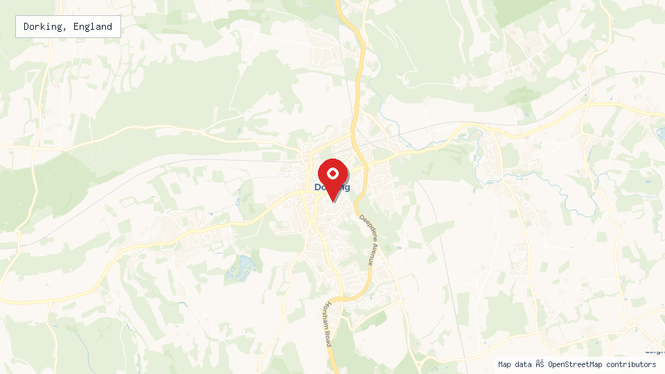 Street map of Dorking, England with location pin