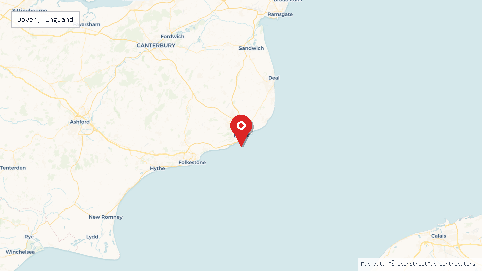 Street map of Dover, England with location pin