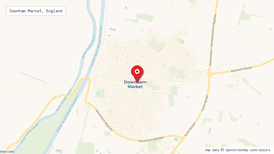 Street map of Downham Market, England with location pin