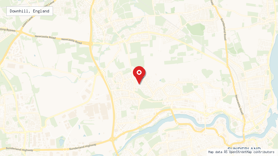 Street map of Downhill, England with location pin