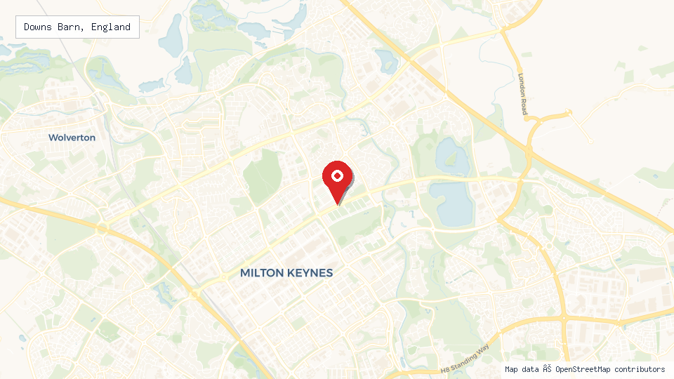 Street map of Downs Barn, England with location pin