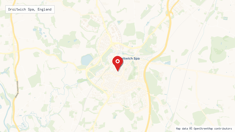 Street map of Droitwich Spa, England with location pin
