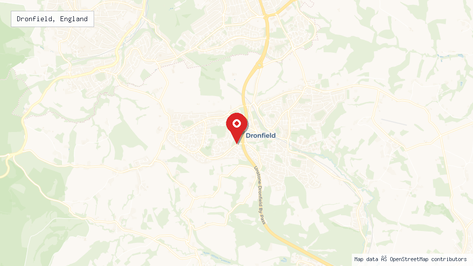Street map of Dronfield, England with location pin