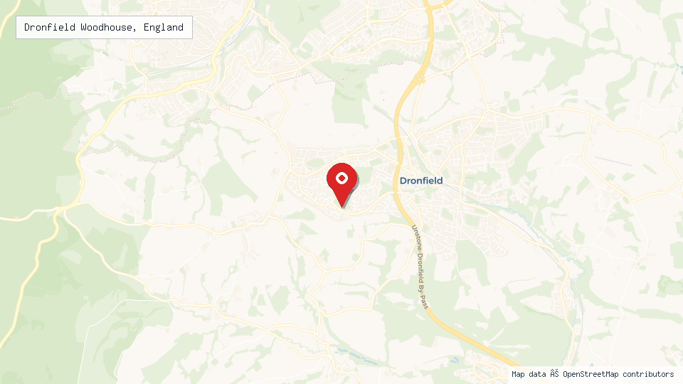 Street map of Dronfield Woodhouse, England with location pin