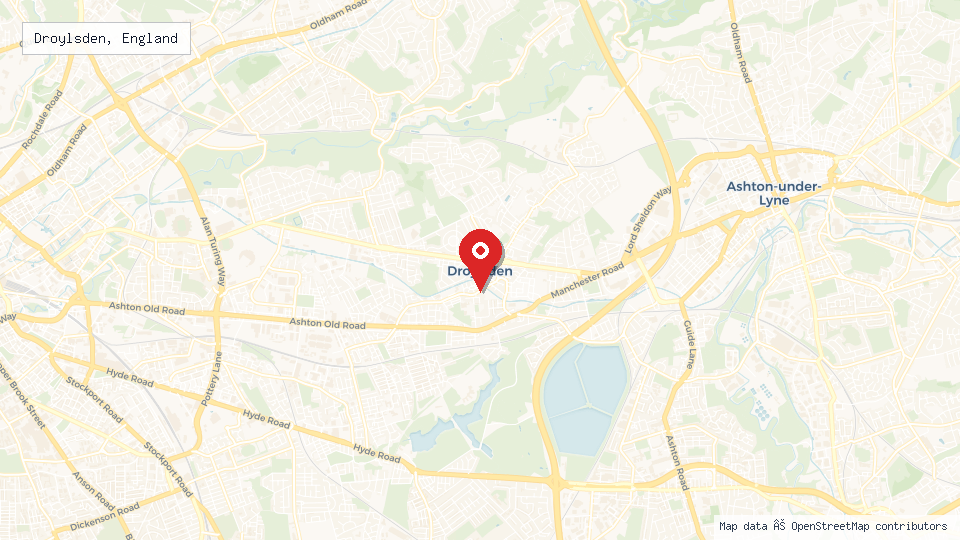 Street map of Droylsden, England with location pin