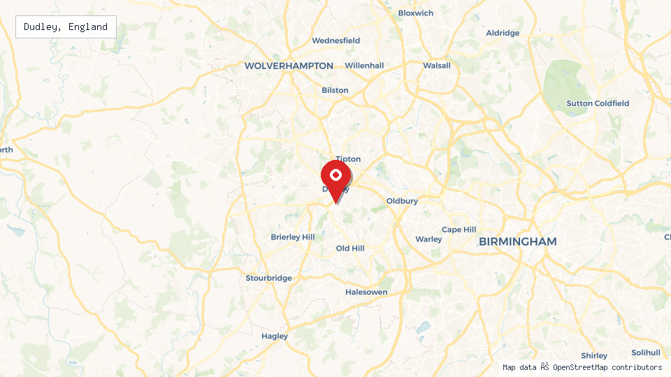 Street map of Dudley, England with location pin