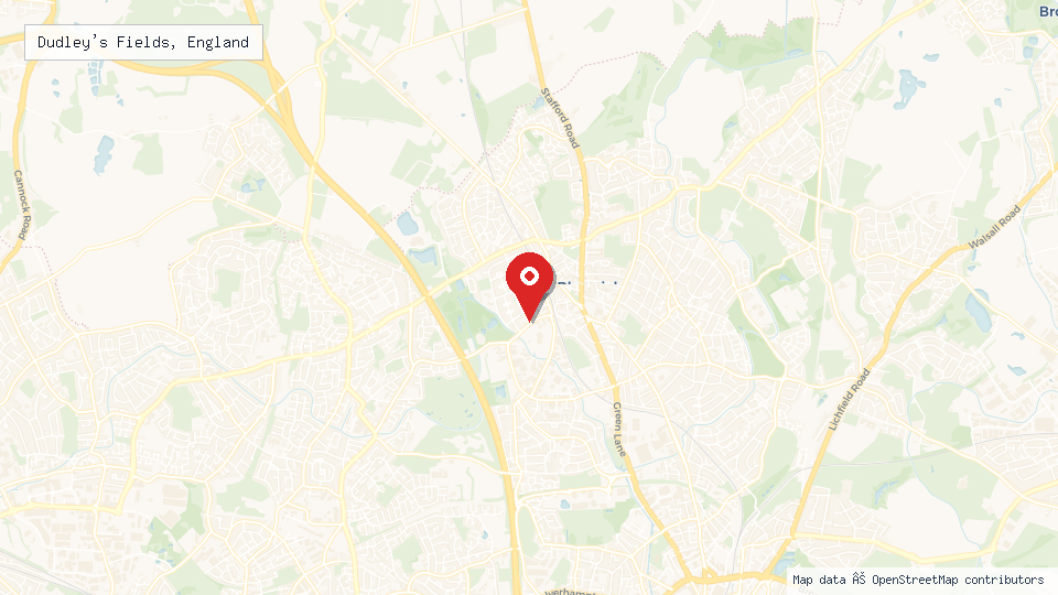 Street map of Dudley's Fields, England with location pin