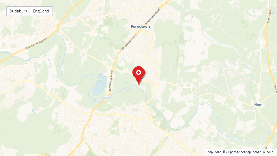 Street map of Dudsbury, England with location pin