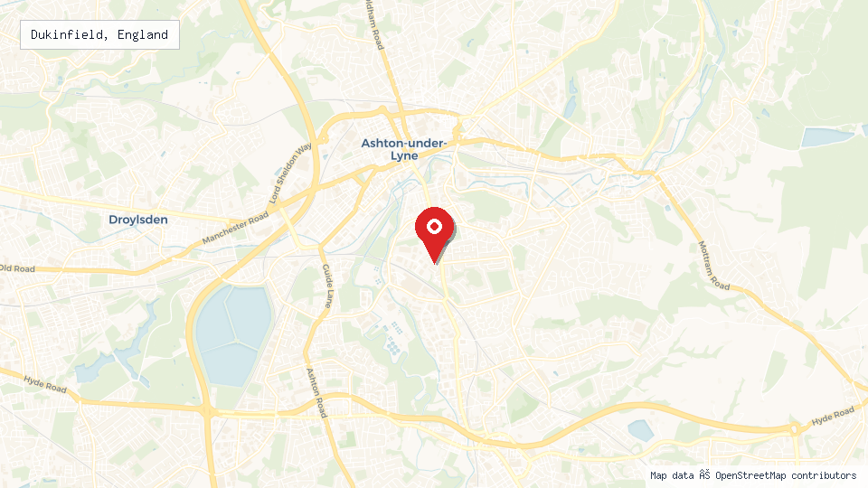 Street map of Dukinfield, England with location pin