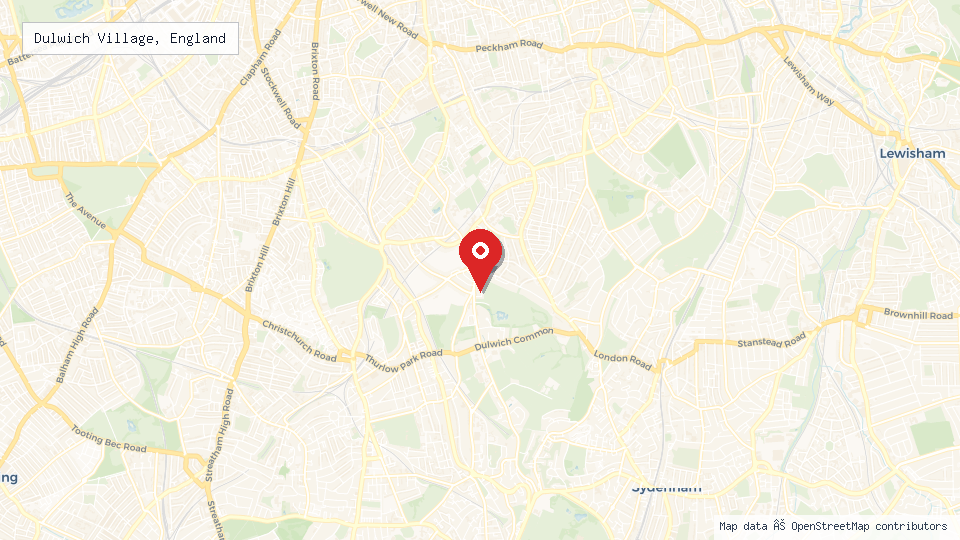Street map of Dulwich Village, England with location pin