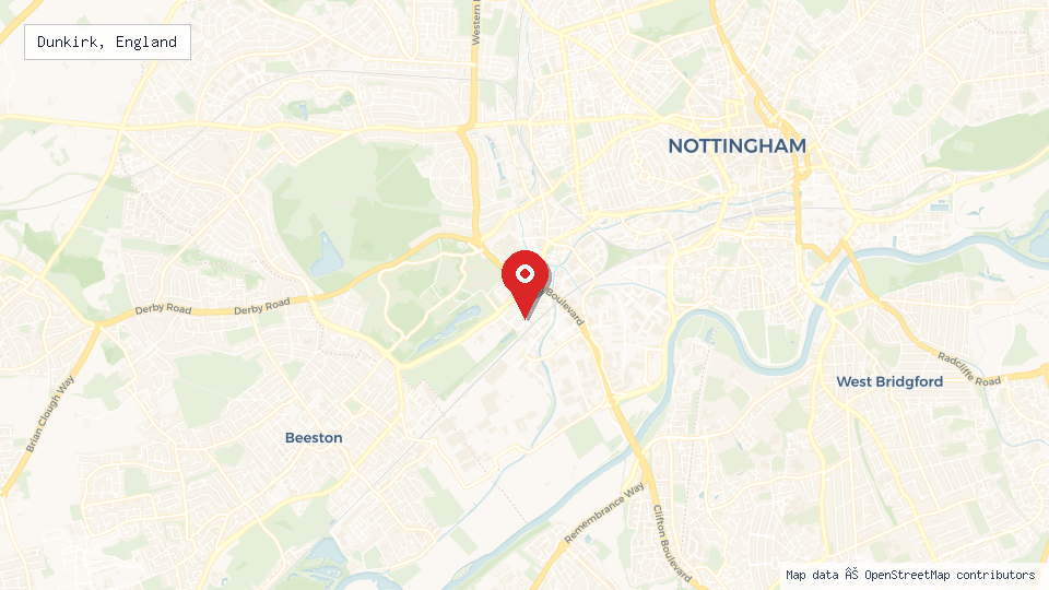 Street map of Dunkirk, England with location pin