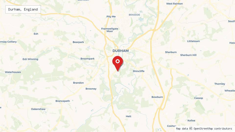 Street map of Durham, England with location pin