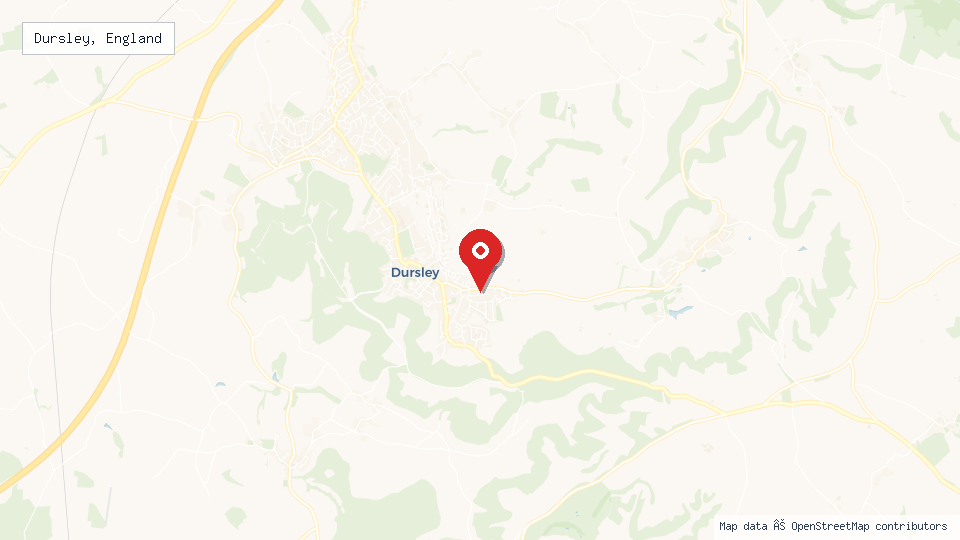 Street map of Dursley, England with location pin