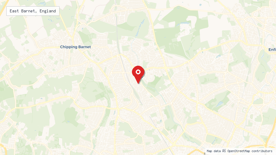 Street map of East Barnet, England with location pin