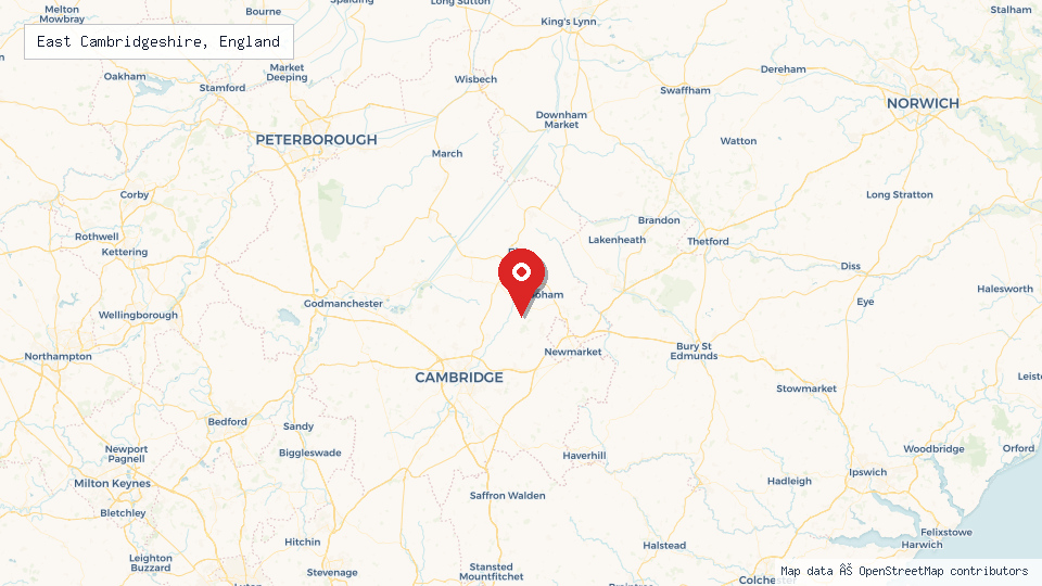 Street map of East Cambridgeshire, England with location pin
