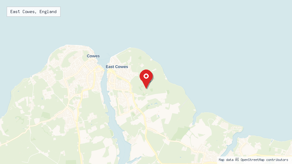 Street map of East Cowes, England with location pin