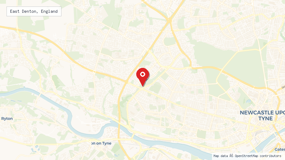 Street map of East Denton, England with location pin