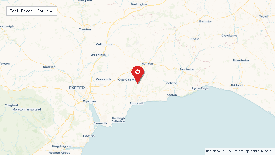 Street map of East Devon, England with location pin