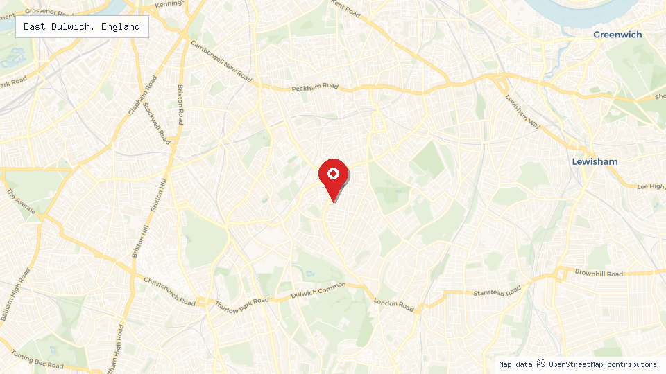 Street map of East Dulwich, England with location pin