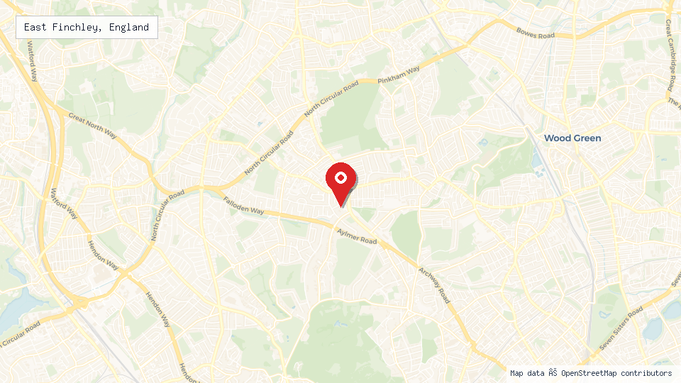Street map of East Finchley, England with location pin