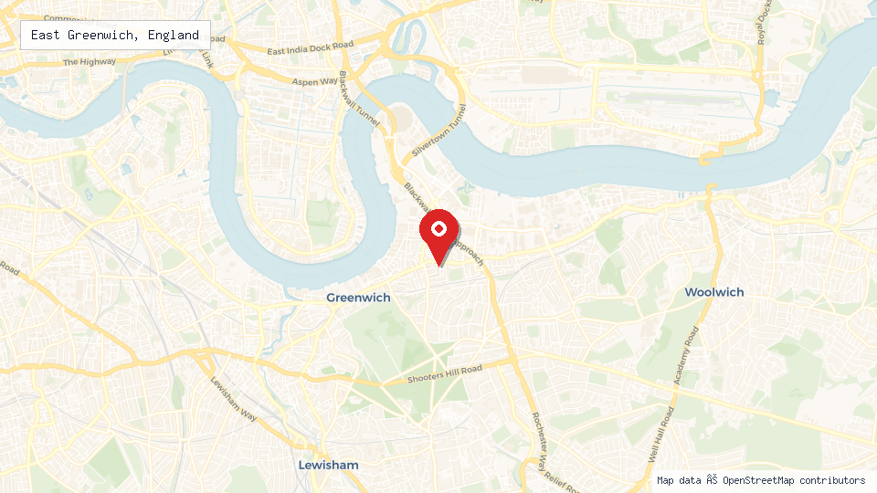 Street map of East Greenwich, England with location pin