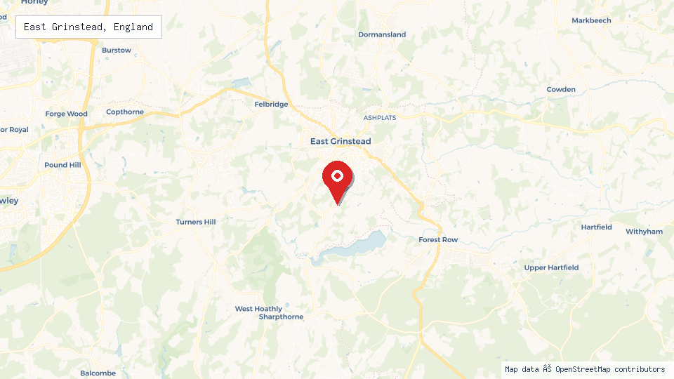 Street map of East Grinstead, England with location pin